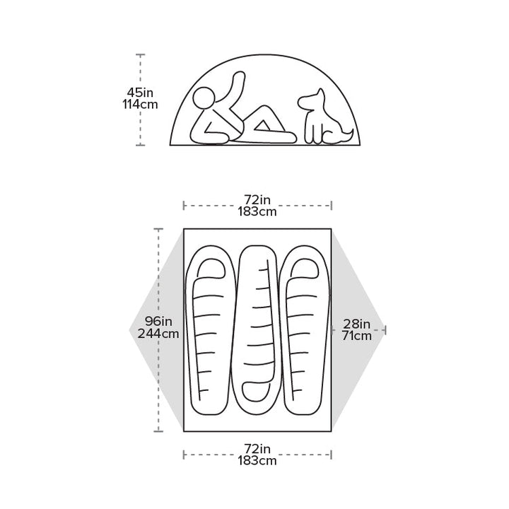 Diagram of a tent with dimensions labelled