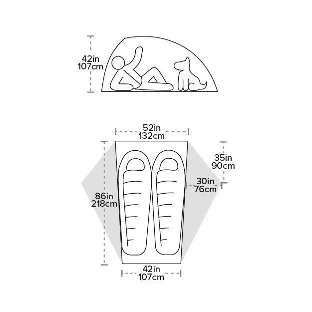 Diagram of a tent with dimensions labelled