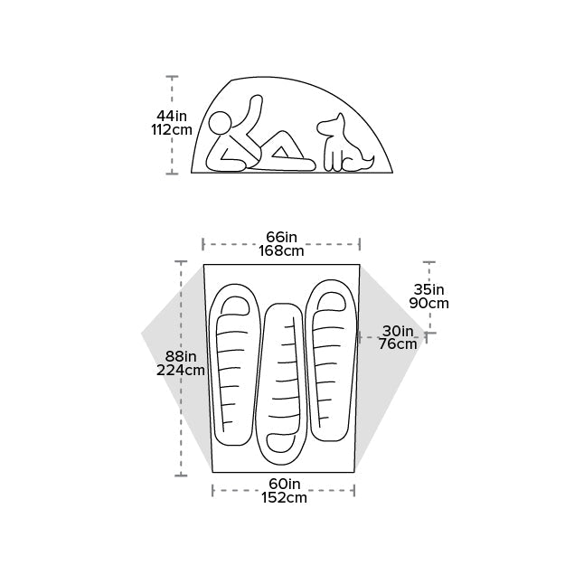 Diagram of a tent with dimensions labelled