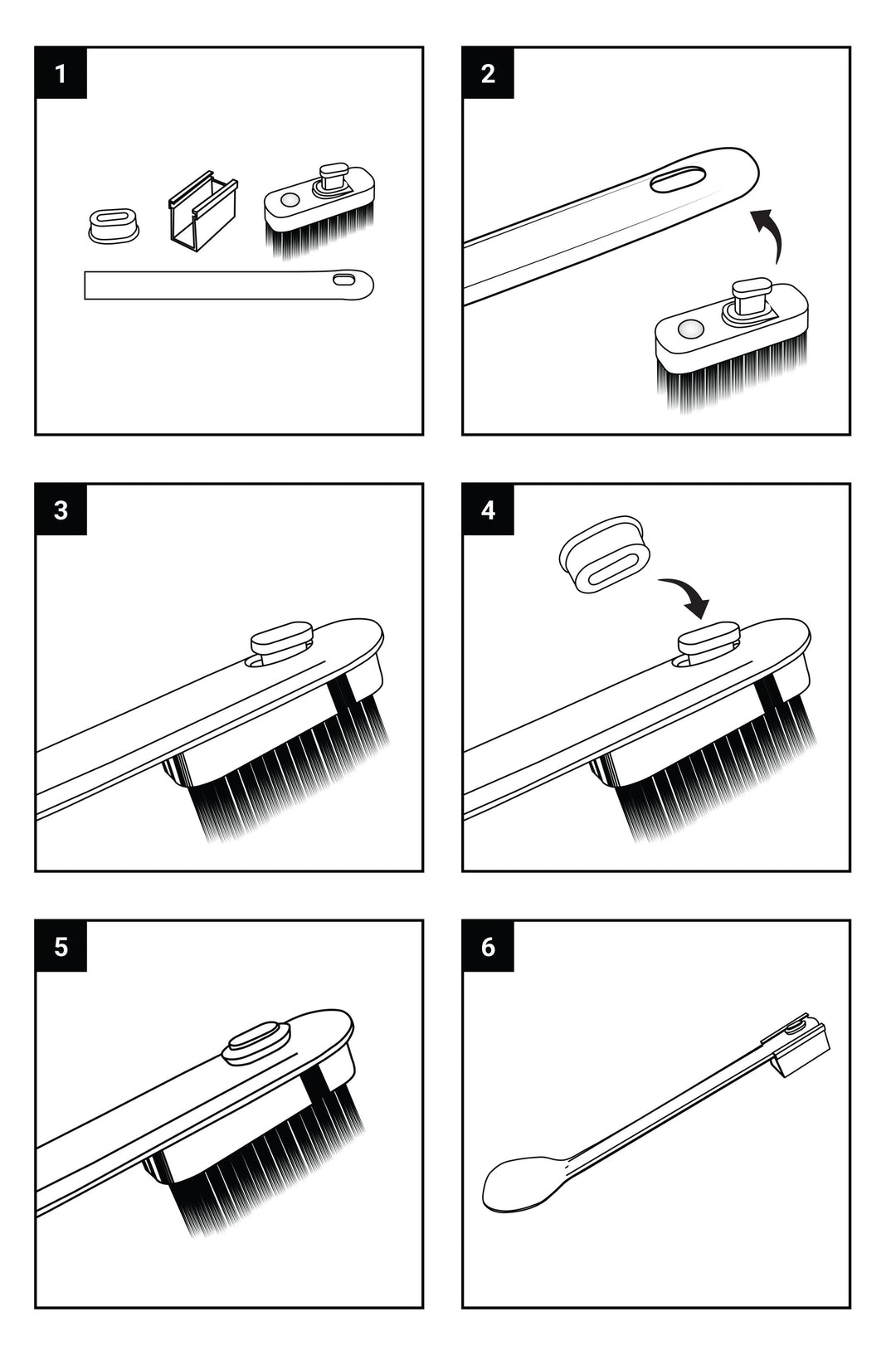 Pictorial instructions for using a toothbrush head that clips onto the handle of a hiking spoon.