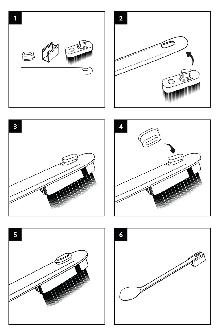 Pictorial instructions for using a toothbrush head that clips onto the handle of a hiking spoon.