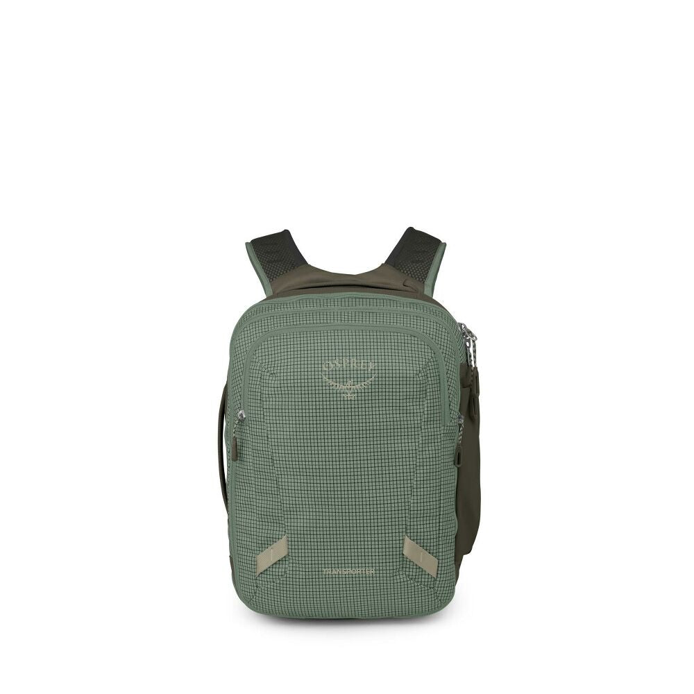 Green backpack with a brand logo on a white background