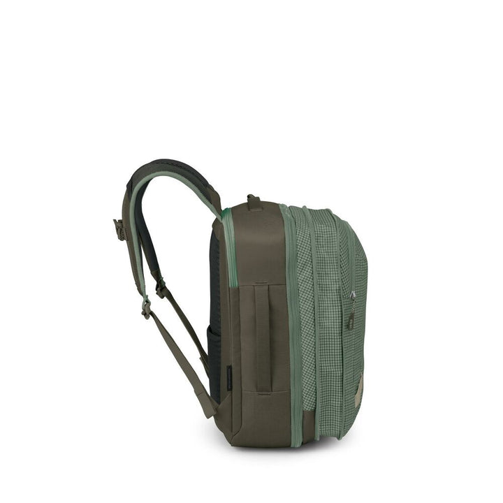 Green backpack with a white background
