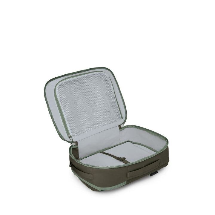Green travel bag with open lid on a white background
