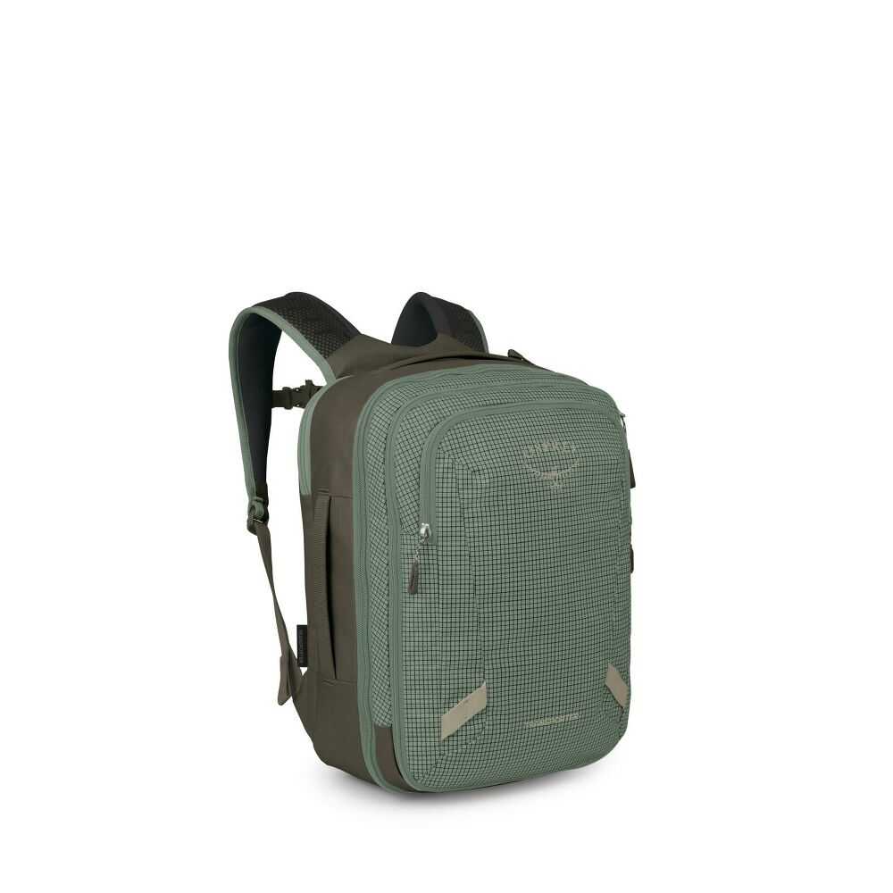 Green backpack with brown accents on a white background