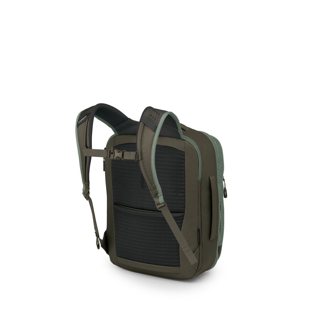 Green backpack with black accents on a white background