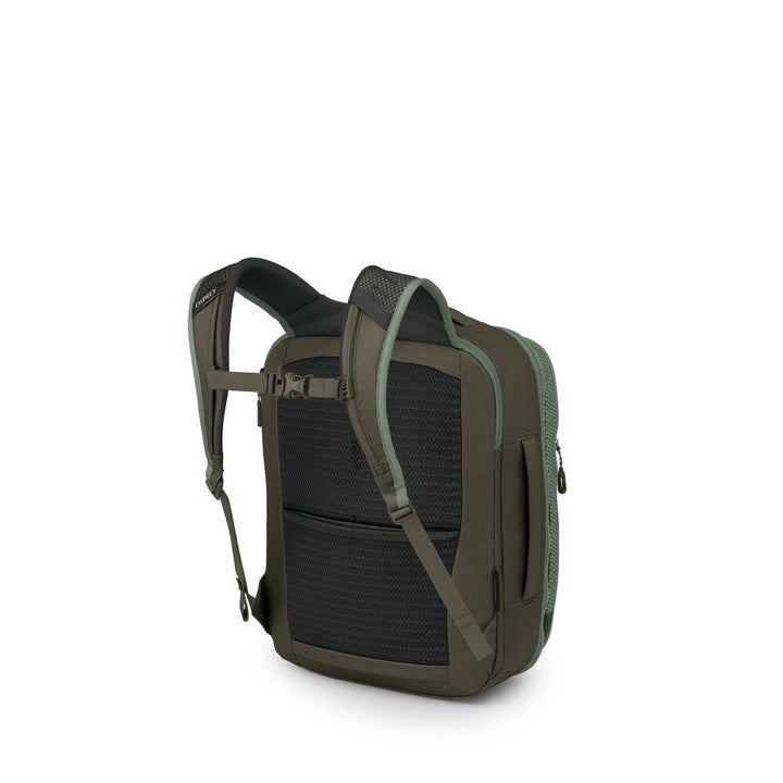 Green backpack with black accents on a white background