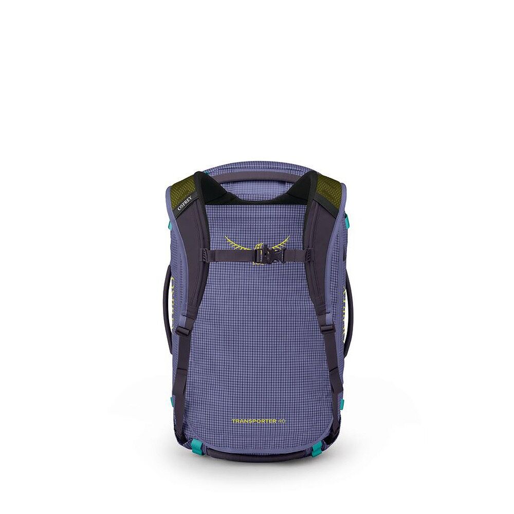 A purple and black Osprey Transport backpack shown from the back, featuring a grid-patterned fabric body, dark shoulder straps, and small yellow and teal accents.