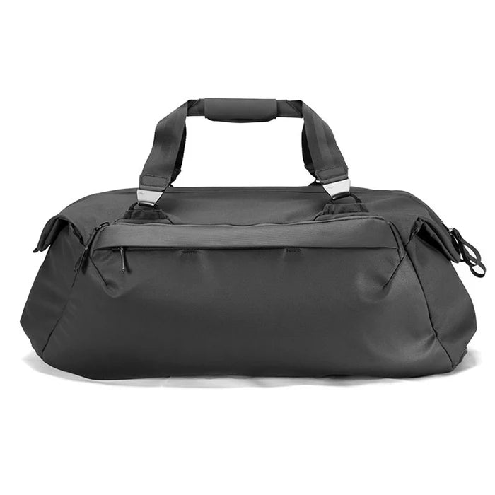 A black nylon duffel bag with dual top carry handles, a zippered main compartment, and a front zippered pocket, shown against a plain white background.