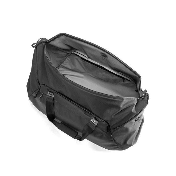 Black duffel bag on a white background
