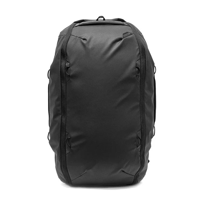 A black waterproof backpack shown from the front on a plain white background.