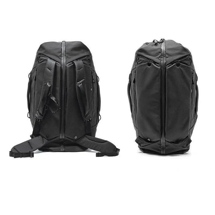 Black backpack and duffel bag on a white background
