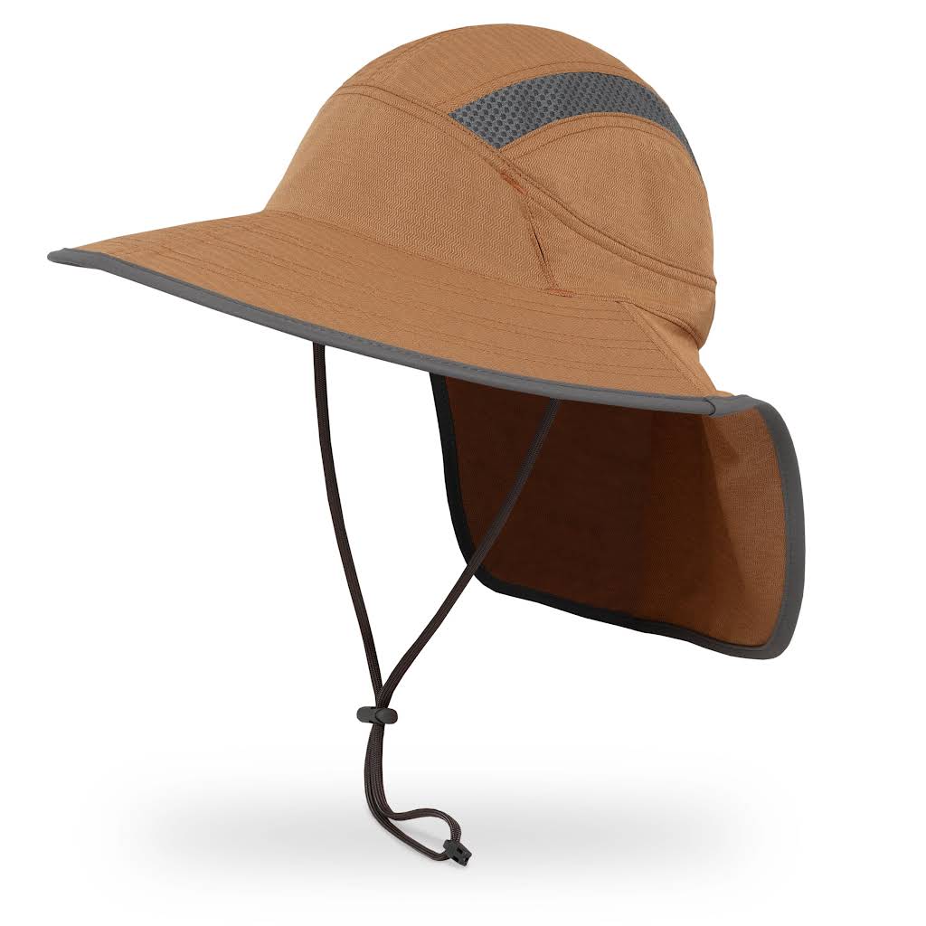 A brown wide-brim sun hat with a dark gray mesh ventilation panel on the crown and a matching brown neck flap, shown on a white background.