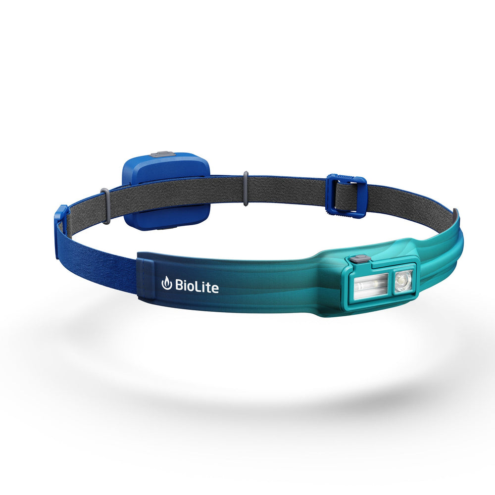 Blue and teal headlamp with and adjustable strap on a white background