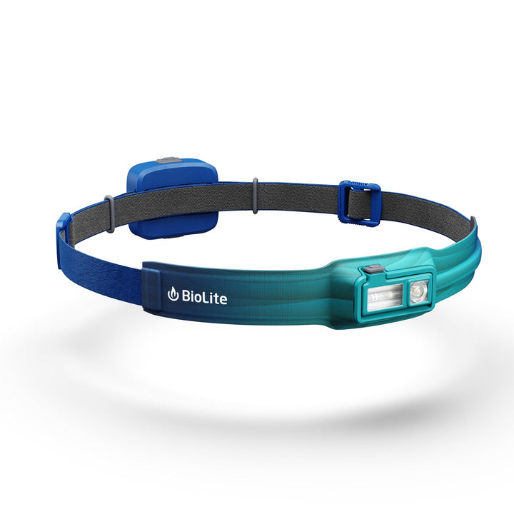 Blue and teal headlamp with and adjustable strap on a white background