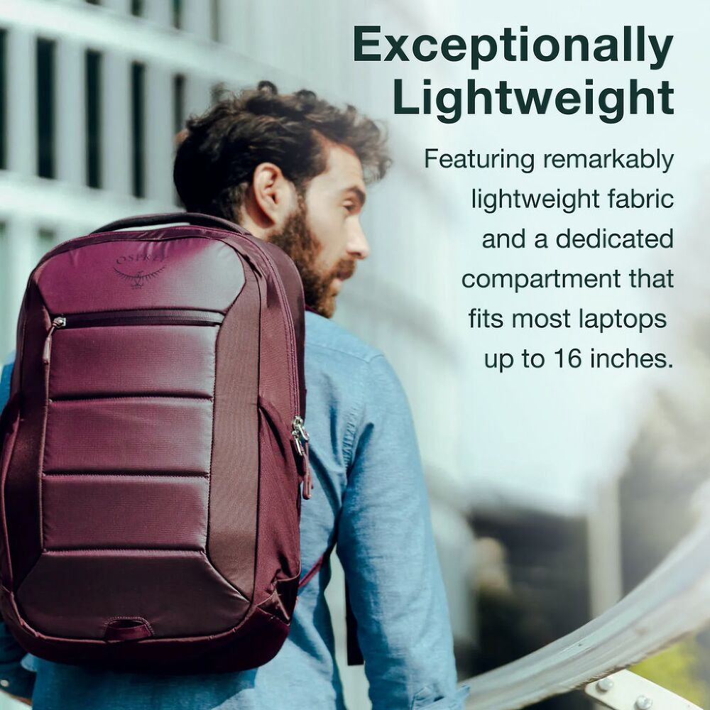 Man wearing a maroon backpack with text highlighting its lightweight design.