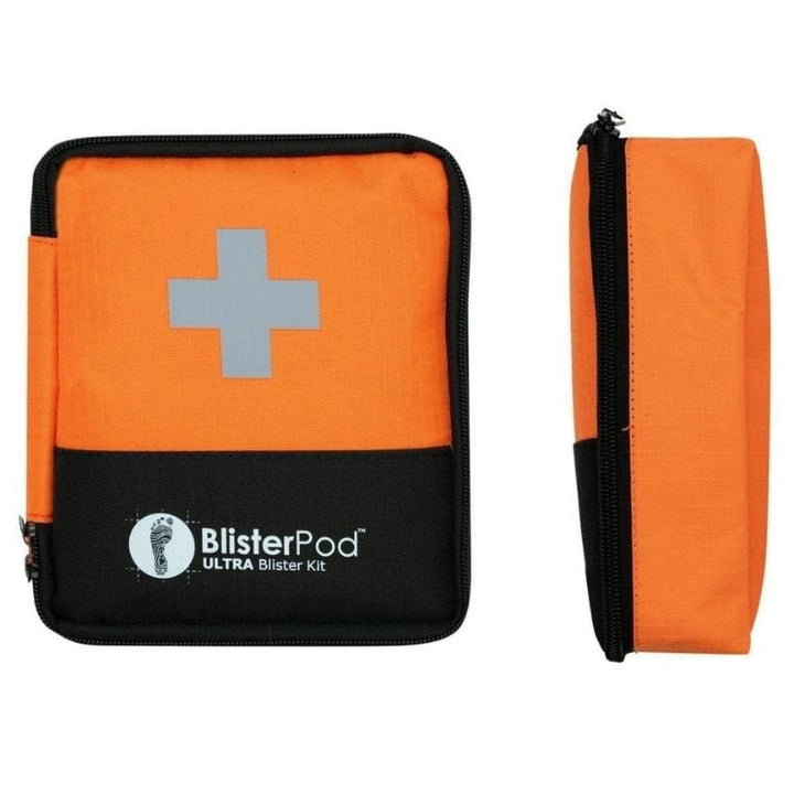 Orange and black first aid kit with BliserPod logo on a white background