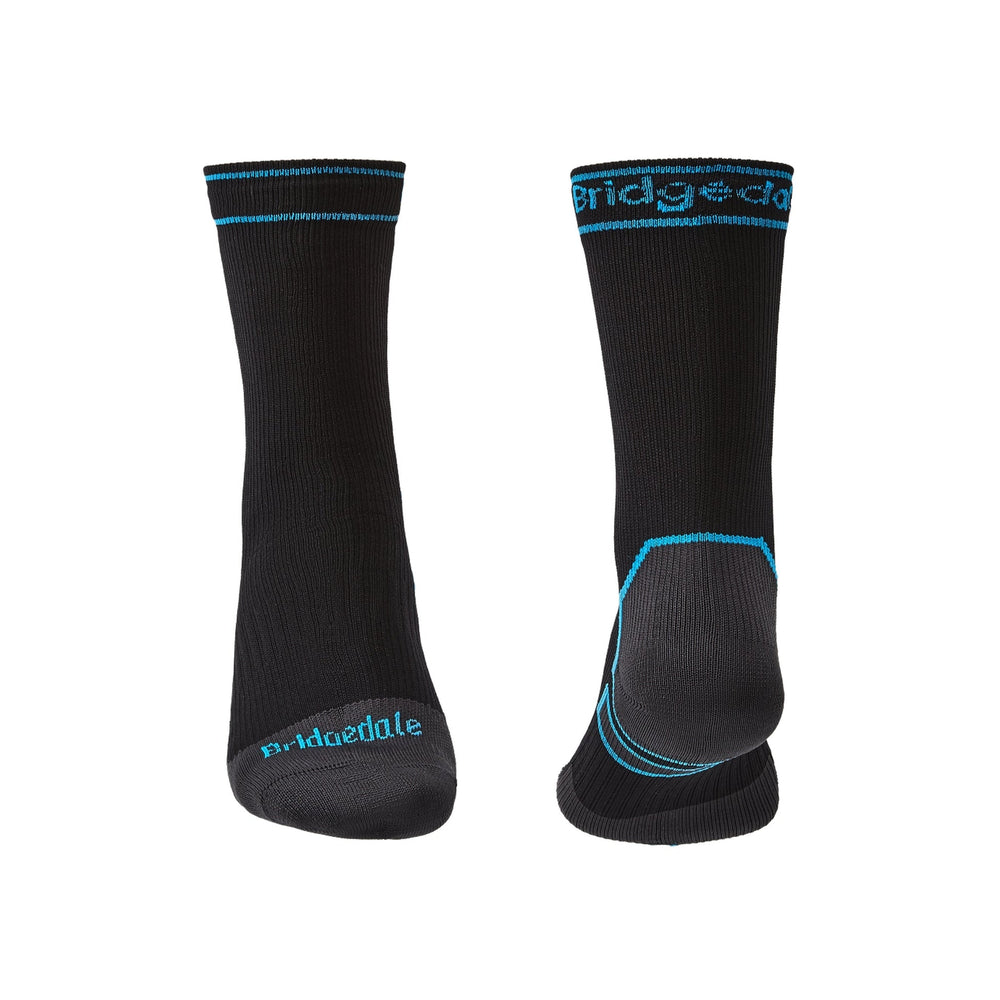 Black socks with blue accents and Bridgedale branding on a white background