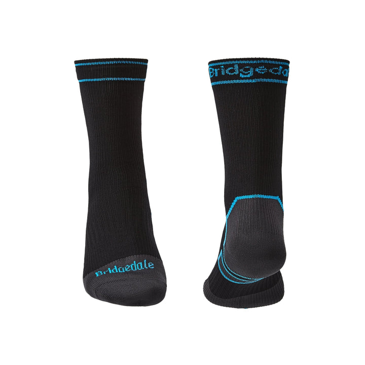 Black socks with blue accents and Bridgedale branding on a white background