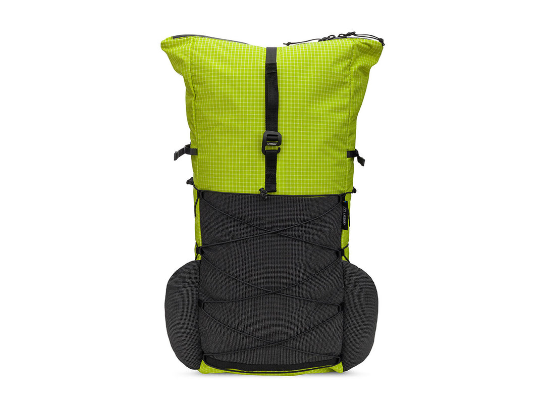 A technical backpack shown from the front on a solid white background, featuring a bright lime green top section with a subtle grid pattern and a dark gray lower section with compression straps.