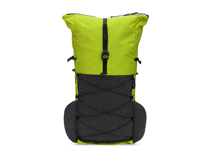 A technical backpack shown from the front on a solid white background, featuring a bright lime green top section with a subtle grid pattern and a dark gray lower section with compression straps.