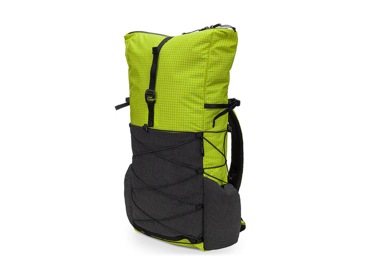 A two-tone hiking backpack in bright lime green and dark gray, shown from a three-quarter angle against a plain white background.