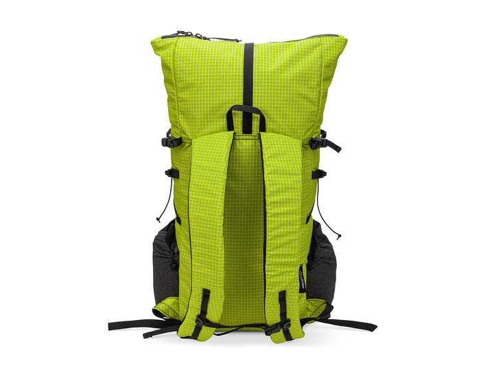A lime green and black checkered hiking backpack shown from the back, featuring padded shoulder straps, compression buckles, and side pockets, isolated on a white background.
