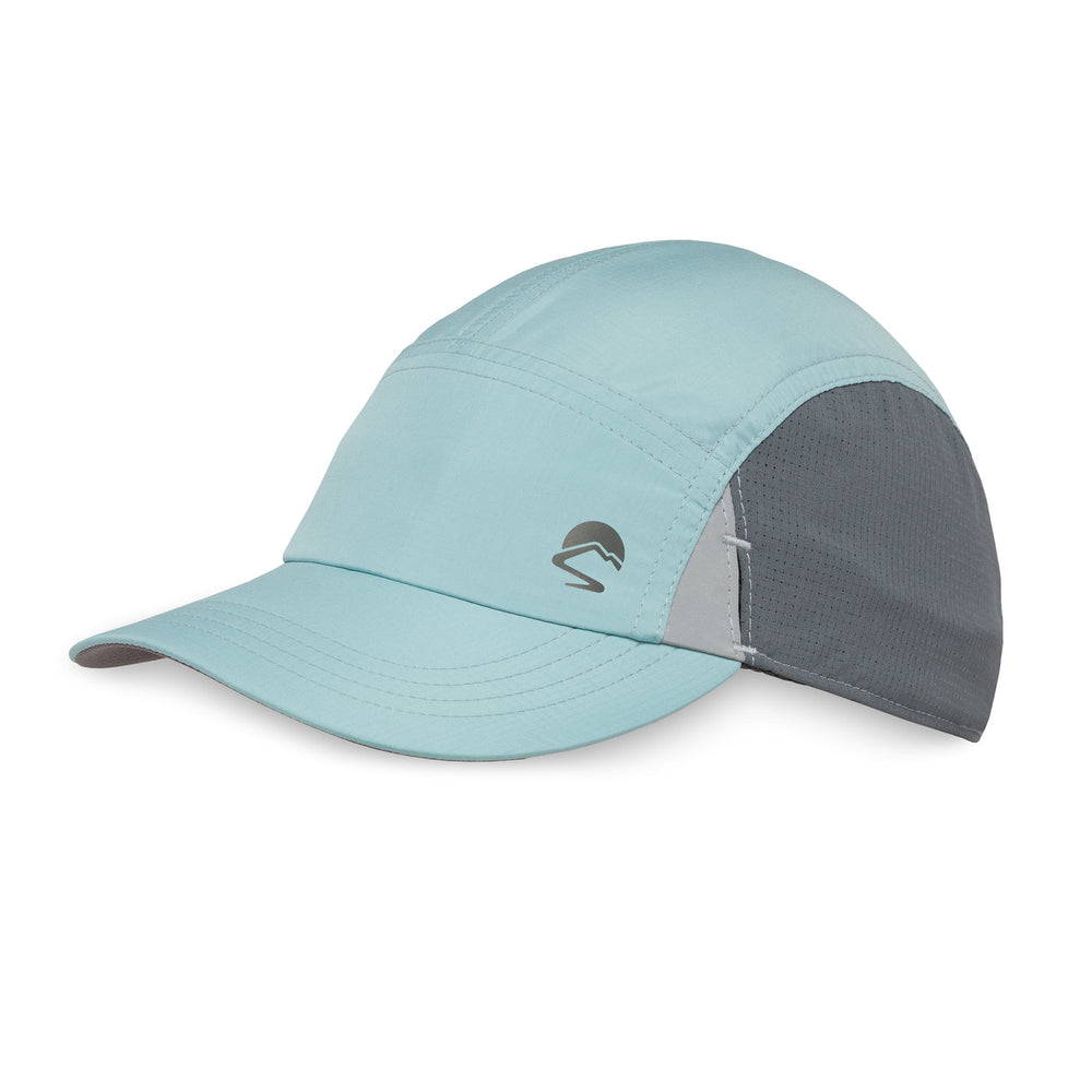 Light blue cap with grey mesh back on a white background