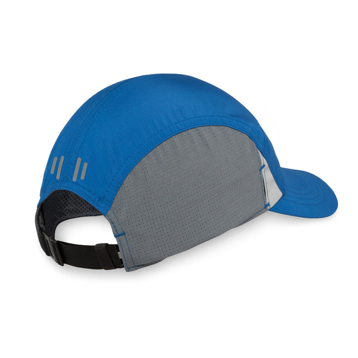 Blue and grey cap with black strap on a white background
