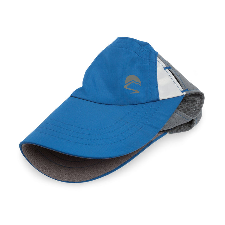 Blue and grey cap with a logo on a white background