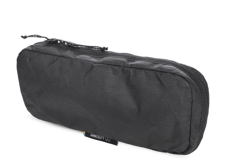 A black textured fabric zippered pouch with a small black brand tag reading &