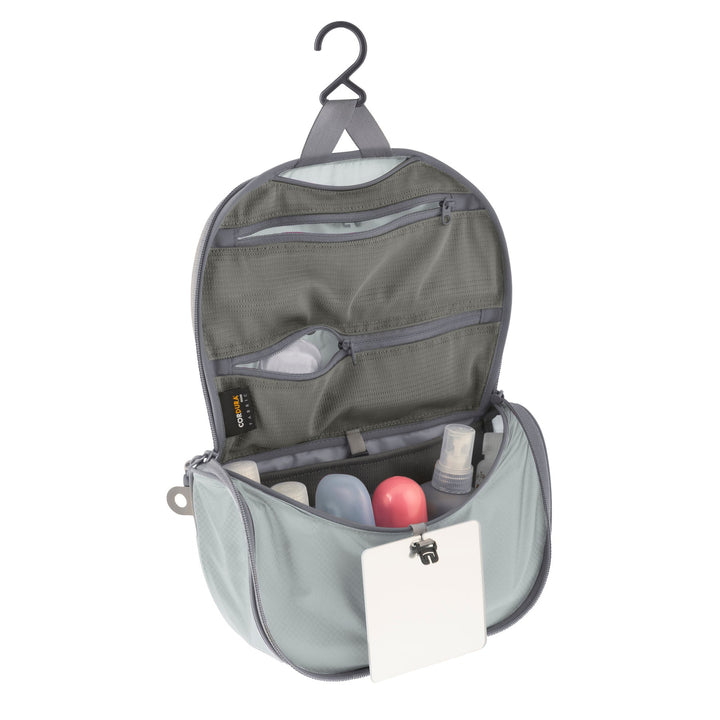 Grey hanging toiletry bag with compartments and hook
