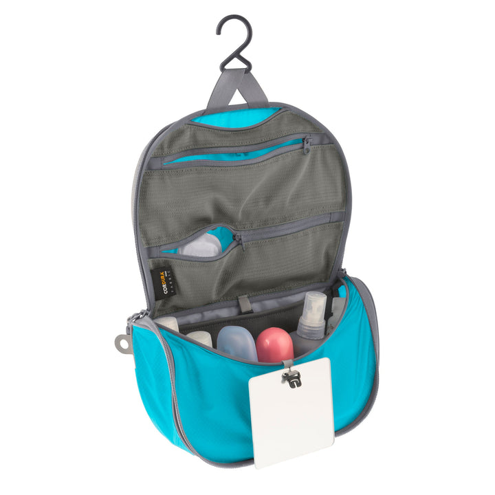 Grey and blue hanging toiletry bag with compartments and hook