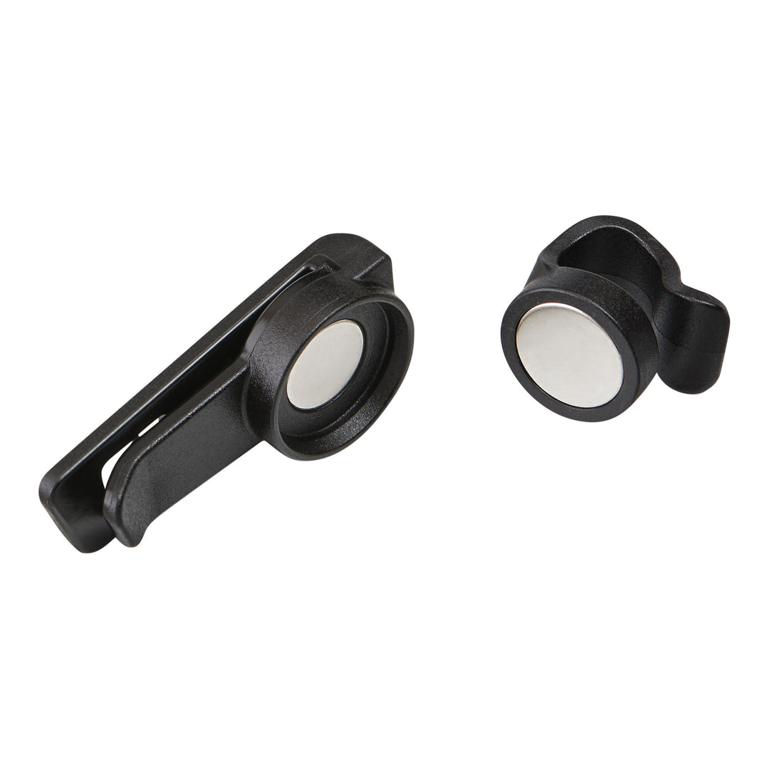 Two black magnetic clips shown on a plain white background, one in side view and one in front-facing view.