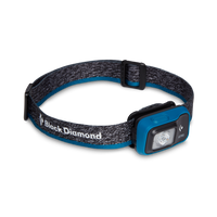 Blue headlamp with black strap on white background