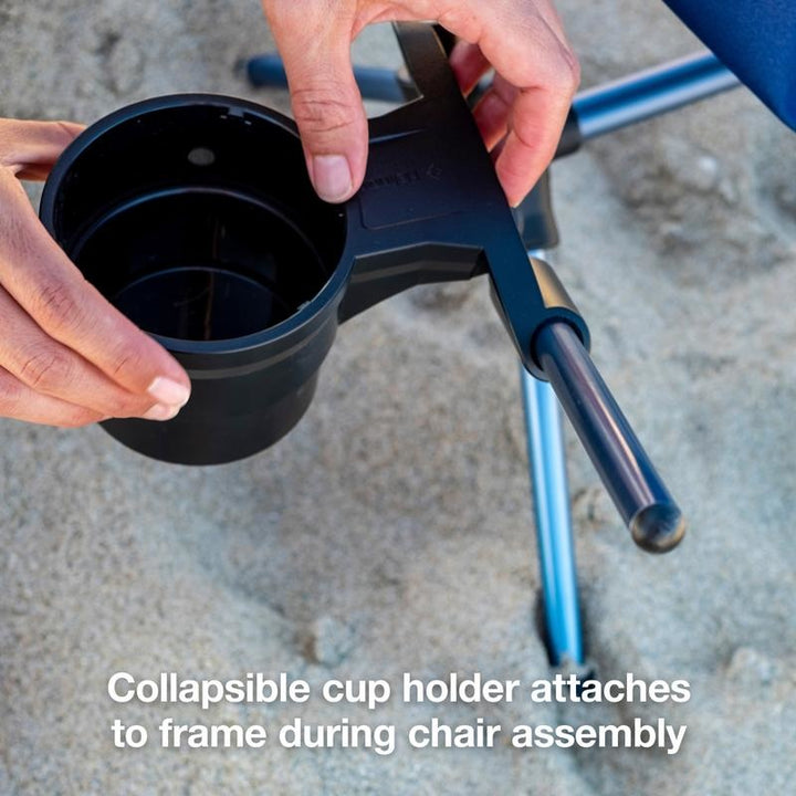 Collapsible cup holder attaches to frame during chair assembly