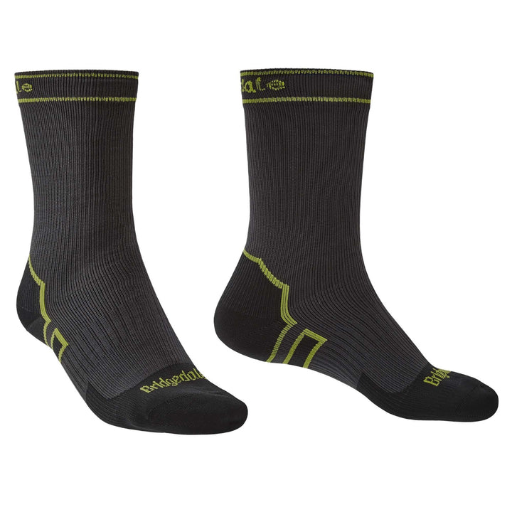 A pair of black Bridgedale Storm Waterproof Sock Lightweight Boot socks with yellow accents.